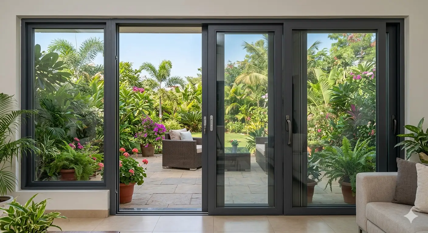 Aluminium sliding door in Sonipat NCR with powder coated frame and glass panels