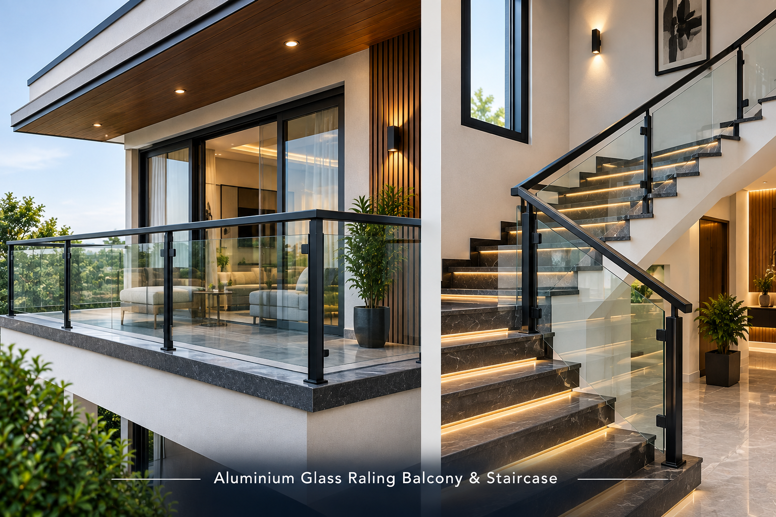 Aluminium balcony and staircase glass railing in Sonipat NCR | AluArmors